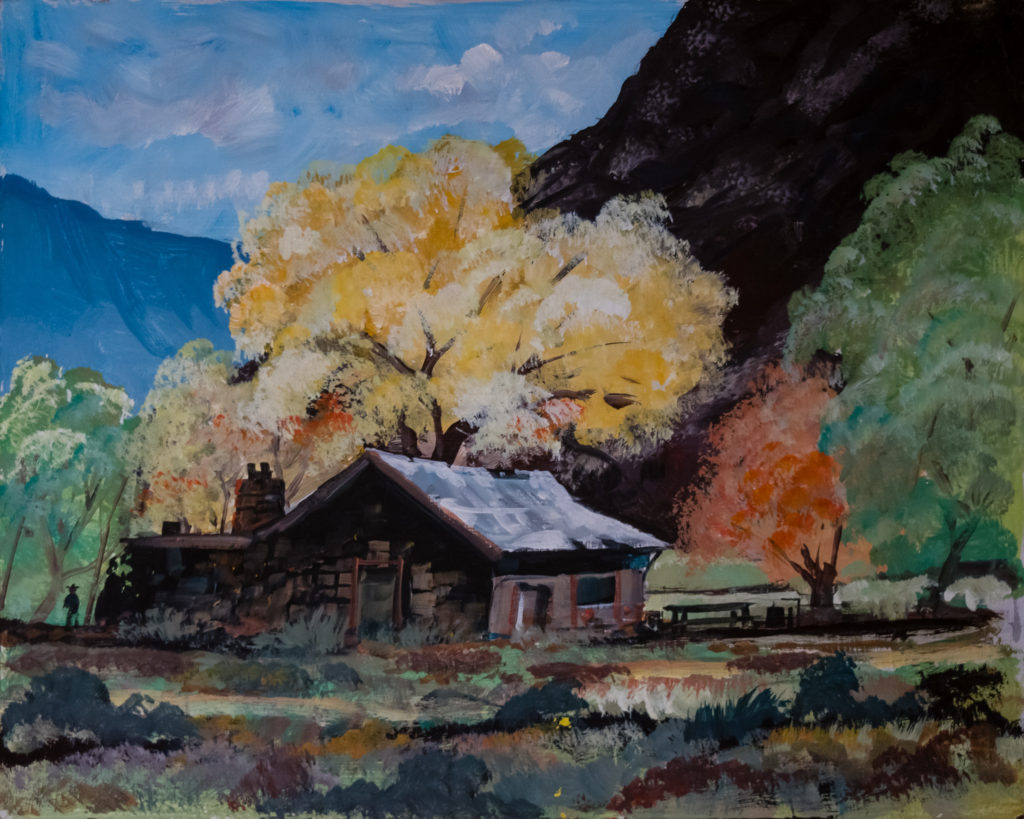 Untitled quickdraw painting by Mike Miller featuring a cabin in the mountains with fall colors