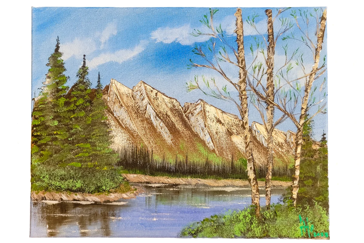 Oil painting of a mountain, river, and trees by Franklin Worthen