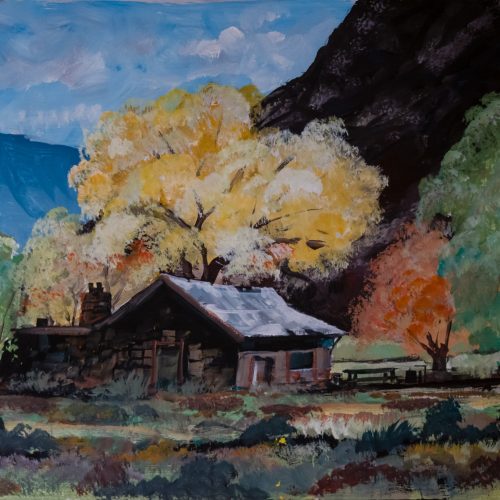 Untitled quickdraw painting by Mike Miller featuring a cabin in the mountains with fall colors