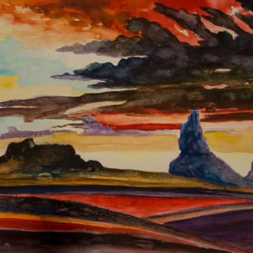 Untitled watercolor painting by Veda Hale featuring a painted desert landscape